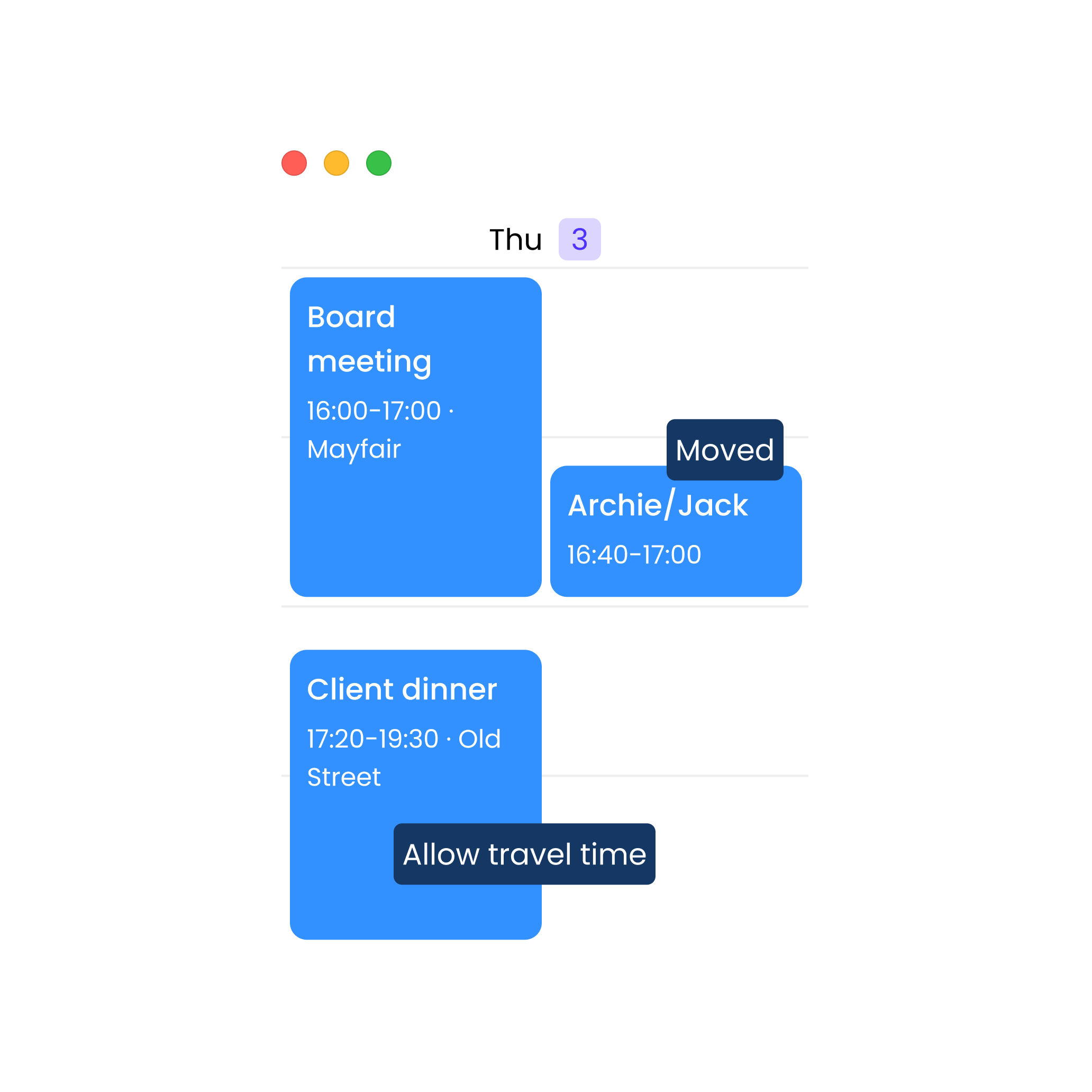 The image shows a calendar which has been automatically scheduled using AI. One meeting has been moved to accomodate a more important one, and the AI has left travel time either side of an in person meeting.